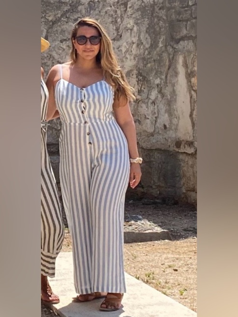 LIKE NEW REFORMATION (NO TAGS) Summer Blue and White Striped Jumpsuit - Picture 2 of 5